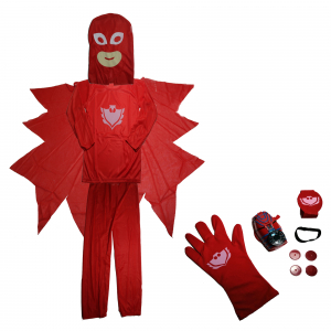 Costume Halloween copii - Costum Eroi in Pijamale, PJ Masks, pentru copii, Bufnita Amaya, rosu si manusa cu lansator, 3-5 ani, 100-110 cm