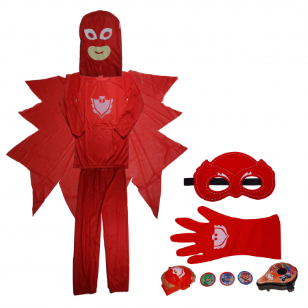 Costume Halloween copii - Set costum Eroi in Pijamale si accesorii, Bufnita Amaya, rosu, 3-5 ani, 100-110 cm