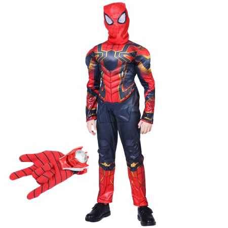 Costume spiderman - Set costum Iron Spiderman, New Era, rosu, manusa cu discuri inclusa, 7-9 ani, 120-130 cm