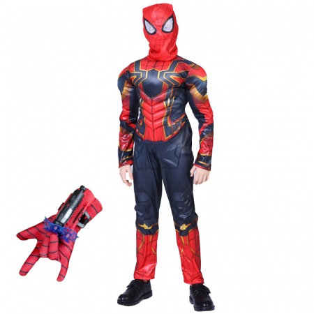 Costume spiderman - Set costum Iron Spiderman, New Era, rosu, manusa cu ventuze inclusa, 7-9 ani, 120-130 cm