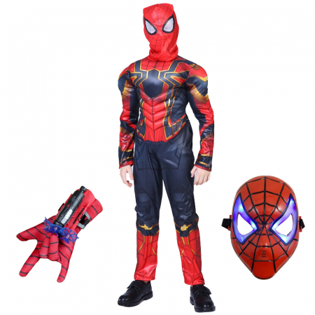 Costume spiderman - Set costum Iron Spiderman, New Era, rosu, manusa cu ventuze si masca LED, 7-9 ani, 120-130 cm