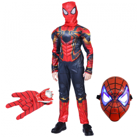Costume si seturi pentru copii - Set costum Iron Spiderman, New Era, rosu, manusa cu discuri si masca LED, 5-7 ani, 110-120 cm