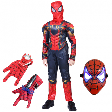 Costume si seturi pentru copii - Set costum Iron Spiderman, New Era, rosu, manusa cu ventuze, discuri si masca LED, 5-7 ani, 110-120 cm