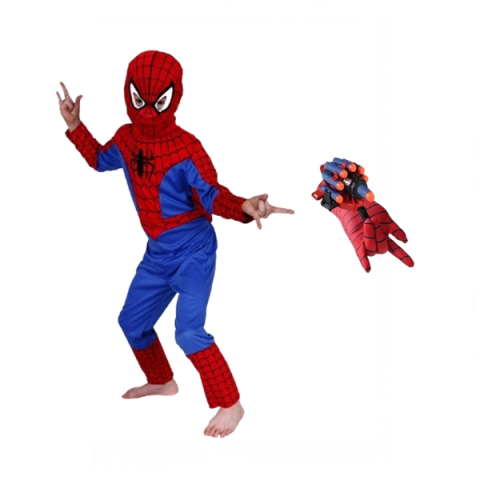 Costume spiderman - Set costum si manusa lansator cu 7 ventuze din burete SpiderMan, marime 7-9  ani, rosu