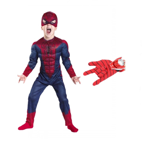 Costume Halloween copii - Set costum Spiderman cu muschi si manusa cu discuri, IdeallStore®, marime M, 5-7 ani, rosu