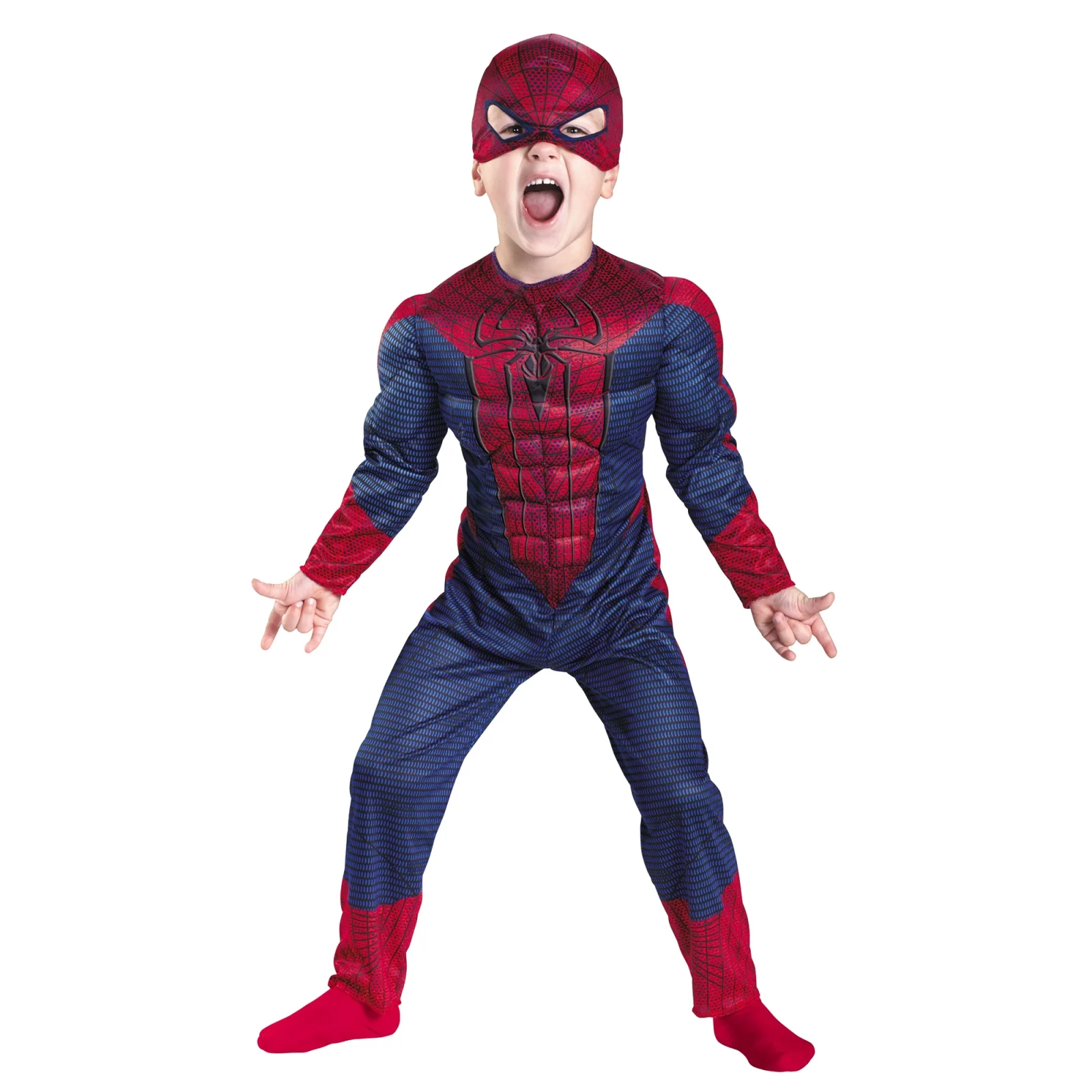 Costume Halloween copii - Set costum Spiderman cu muschi si manusa cu ventuze si figurina, IdeallStore®, marime M, 5-7 ani, rosu