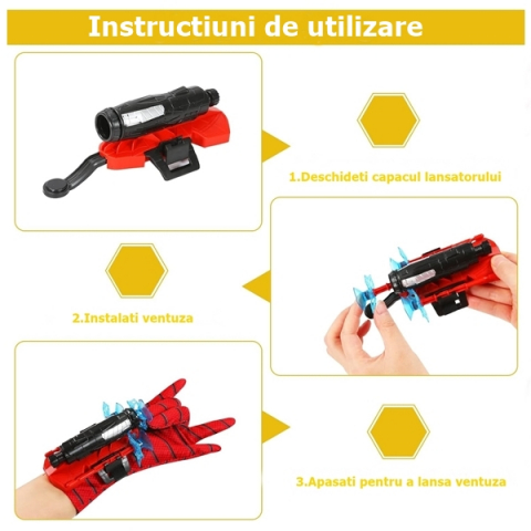 Set costum Spiderman cu muschi si manusa lansator cu 7 ventuze din burete , IdeallStore®, marime L, rosu [3]