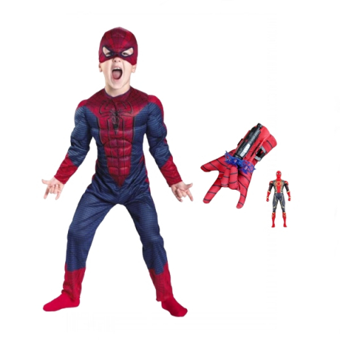 Costume si seturi pentru copii - Set costum Spiderman cu muschi si manusa lansator cu 7 ventuze din burete , IdeallStore®, marime L, rosu