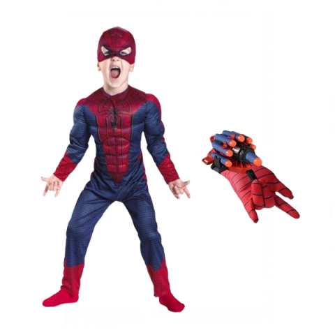 Costume spiderman - Set costum Spiderman cu muschi si manusa lansator cu 7 ventuze din burete , IdeallStore®, marime M, rosu
