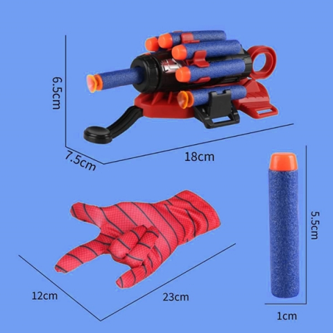 Set costum Spiderman cu muschi si manusa lansator cu 7 ventuze din burete , IdeallStore®, marime S, 3 - 5 ani, rosu [5]