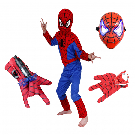 Costume Halloween copii - Set costum Spiderman, doua lansatoare si masca plastic LED, rosu, 100-110 cm, 3-5 ani