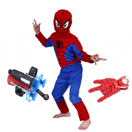 Costume Halloween copii - Set costum Spiderman lansator cu ventuze si manusa cu discuri, 100-110 cm, 3-5 ani