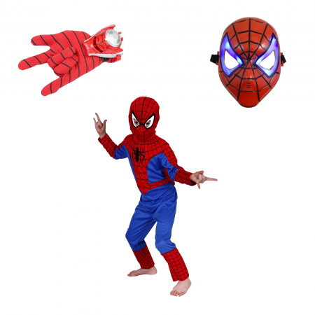 Costume si seturi pentru copii - Set costum Spiderman, masca LED si manusa cu lansator, 3-5 ani, 100-110 cm