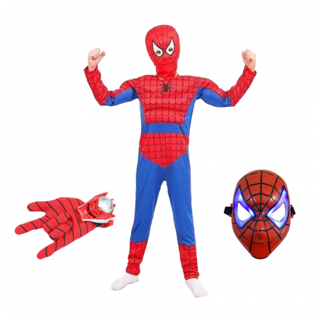 Costume spiderman - Set costum Ultimate Spiderman pentru copii, 100% poliester, manusa discuri si masca LED, 8-10 ani, 120-130 cm