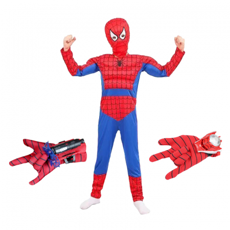 Costume spiderman - Set costum Ultimate Spiderman  pentru copii, 100% poliester, manusa ventuze si discuri, 8-10 ani, 120-130 cm
