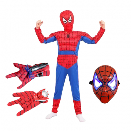 Costume spiderman - Set costum Ultimate Spiderman pentru copii, 100% poliester, manusa ventuze, discuri si masca LED, 8-10 ani, 120-130 cm