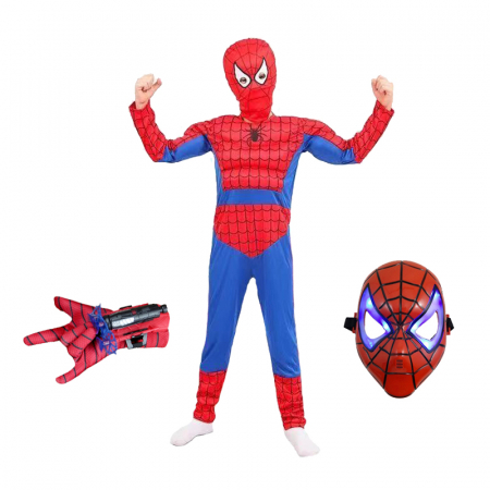 Costume spiderman - Set costum Ultimate Spiderman pentru copii, 100% poliester, manusa ventuze si masca LED, 8-10 ani, 120-130 cm