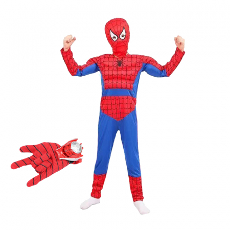 Costume spiderman - Set costum Ultimate Spiderman  pentru copii, 100% poliester si manusa cu discuri, 8-10 ani, 120-130 cm