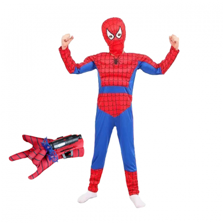 Costume spiderman - Set costum Ultimate Spiderman  pentru copii, 100% poliester si manusa cu ventuze, 8-10 ani, 120-130 cm