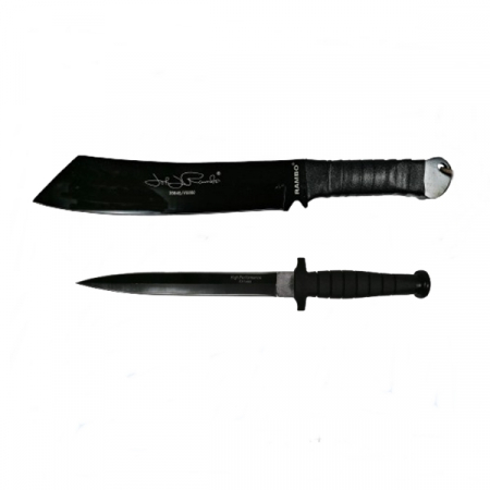 Cutite & seturi de cutite - Set Cutit de vanatoare cu doua taisuri si Maceta Rambo, IdeallStore®, Otel inoxidabil, Negru