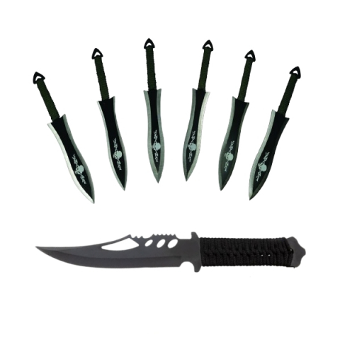 Cutite & seturi de cutite - Set Cutit de vanatoare Extreme Battle si sase cutite de aruncat, Black Fury, otel inoxidabil, teaca inclusa