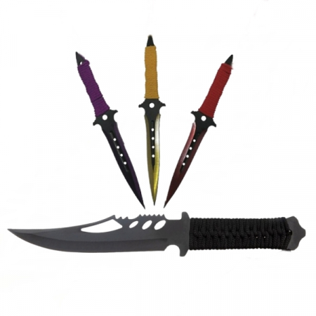 CASA SI GRADINA - Set Cutit de vanatoare Extreme Battle si trei cutite de aruncat, Ninja Assasin, IdeallStore®, otel inoxidabil, teaca inclusa