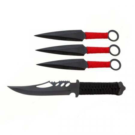 CASA SI GRADINA - Set Cutit de vanatoare Extreme Battle si trei cutite de aruncat, Ninja Way, IdeallStore®, otel inoxidabil