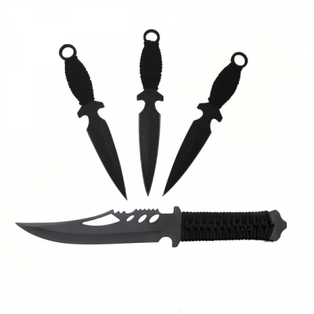 Cutite vanatoare - Set Cutit de vanatoare si trei cutite de aruncat, Black Fury,IdeallStore®, otel inoxidabil,teaca inclusa