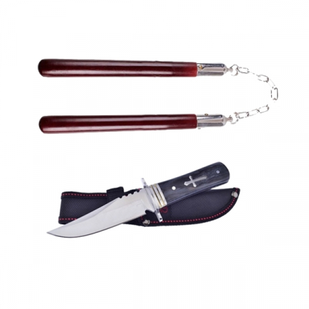 Cutite vanatoare - Set Cutit de vanatoare ,Tang Hunter , 28 cm si Nunceag maro , 31 cm , IdeallStore® , teaca inclusa