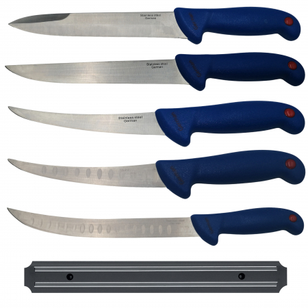 Cutite macelarie - Set cutite de macelarie IdeallStore®, injunghiat, filetat, cutitul bucatarului si suport magnetic, otel inoxidabl