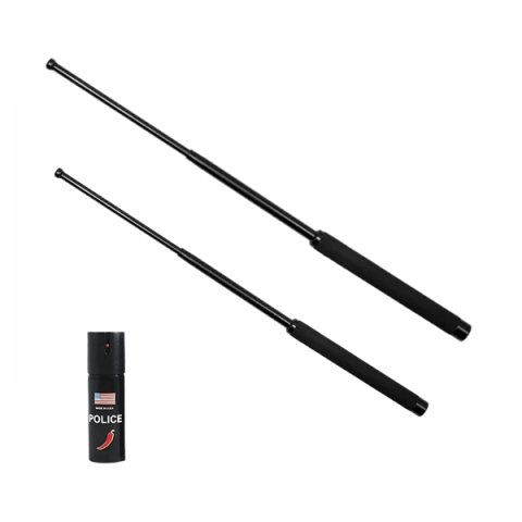 Bastoane telescopice si nunceaguri - Set doua bastoane telescopice pliabile si spray paralizant chili, DEPOX®, 51 cm/ 64 cm/ 60 ml, maner antiderapant, negru