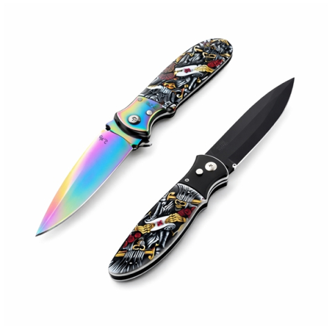 Bricege - Set de doua cutite automate, DEPOX®, 24 cm,husa inclusa, maner decorativ, multicolor