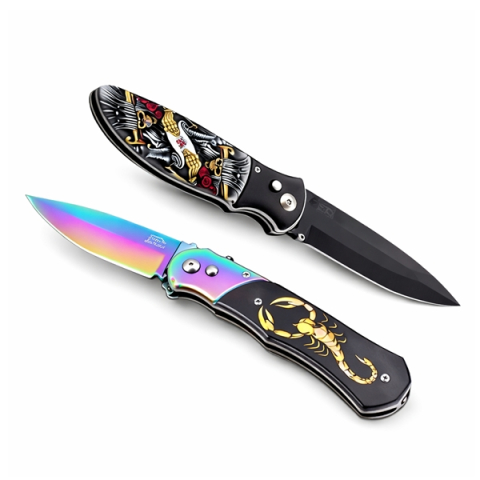 Bricege - Set de doua cutite automate, DEPOX®, design compact, 24 cm,husa inclusa, negru/multicolor