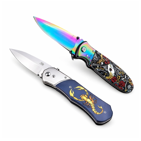 Bricege - Set de doua cutite automate, DEPOX®, 24 cm,husa inclusa, maner decorativ, bleumarin/multicolor