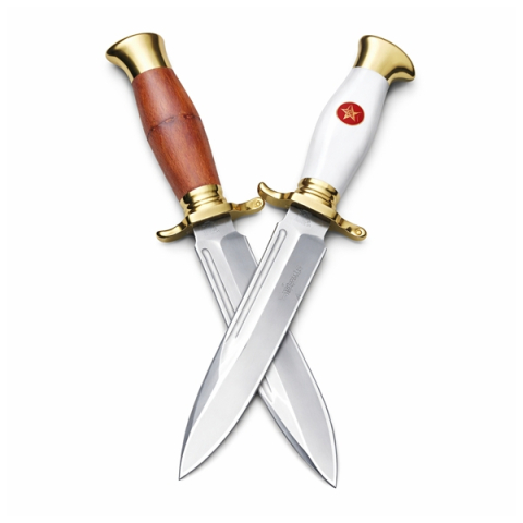 SPORT & TIMP LIBER - Set de doua cutite de vanatoare, teaca din piele naturala, lama 440C, maner acrilic full tang, 26 cm, alb/maro