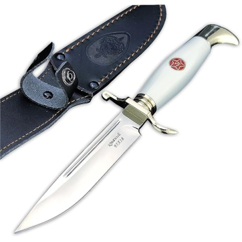 Set de doua cutite de vanatoare, teaca din piele naturala, lama 440C, maner acrilic full tang, 26 cm, alb/maro [3]