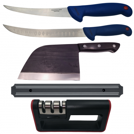 Cutite & seturi de cutite - Set de macelarie IdeallStore®, cutit bucatarie, filetat, satar, suport magnetic si ascutitoare, otel inoxidabil