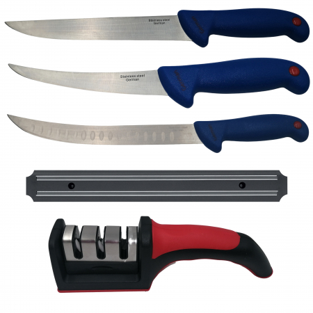 Cutite & seturi de cutite - Set de macelarie DEPOX®, cutit bucatarie, filetat, suport magnetic si ascutitoare, otel inoxidabil