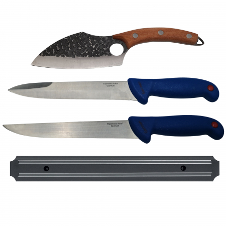 Cutite macelarie - Set de macelarie IdeallStore®, cutite bucatar, injunghiat si suport magnetic, otel inoxidabil