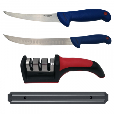 Cutite macelarie - Set de macelarie IdeallStore®, filetat, cutitul bucatarului, ascutitoare si suport magnetic, otel inoxidabl