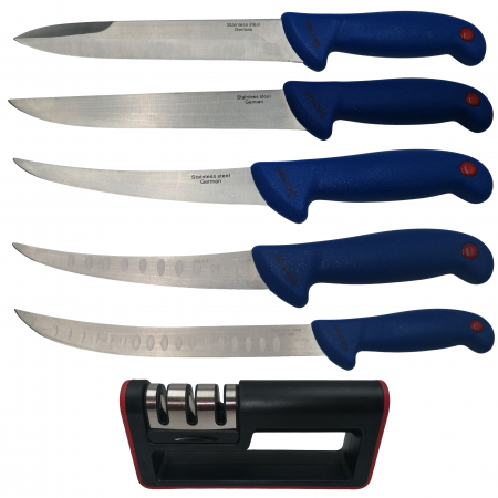 Cutite macelarie - Set de macelarie IdeallStore®, injunghiat, filetat, cutitul bucatarului si ascutitoare, otel inoxidabl