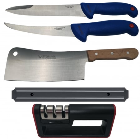 Cutite & seturi de cutite - Set de macelarie IdeallStore®, satar, injunghiat, filetat, suport magentic si ascutitoare, otel inoxidabl