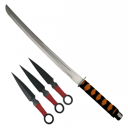 Sabii & Macete - Set de vanatoare IdeallStore®, Sabie Ninja Path si set trei cutite de aruncat, otel inoxidabil, negru