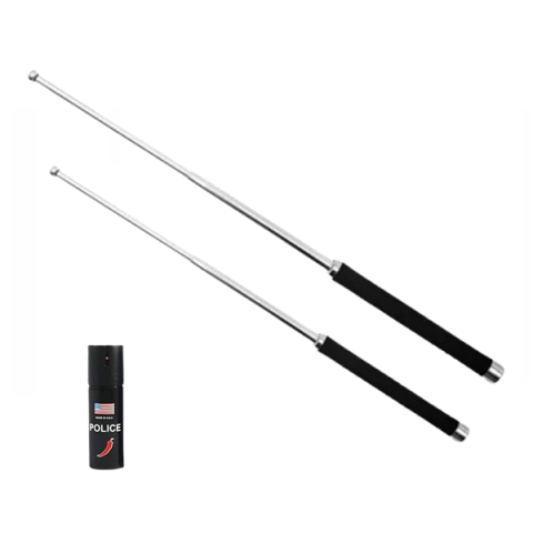 Bastoane telescopice si nunceaguri - Set doua bastoane telescopic pliabile si spray paralizant chili DEPOX®, 51 cm / 65 cm/ 60 ml, argintiu