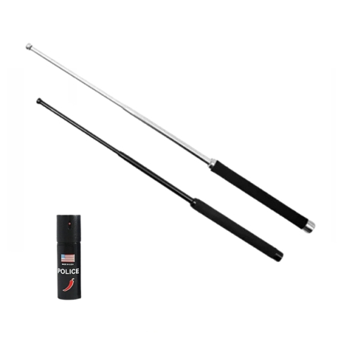 Bastoane telescopice si nunceaguri - Set doua bastoane telescopice pliabile si spray paralizant chili, DEPOX®, 51 cm/ 64 cm / 60 ml, maner antiderapant, argintiu/negru