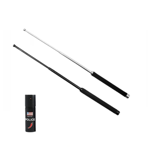 Bastoane telescopice si nunceaguri - Set doua bastoane telescopice pliabile si spray paralizant chili, DEPOX®, 51 cm / 60 ml, maner antiderapant, argintiu/negru