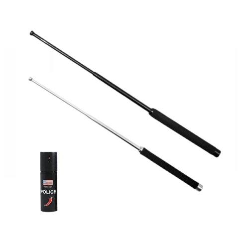 Bastoane telescopice si nunceaguri - Set doua bastoane telescopice pliabile si spray paralizant chili, DEPOX®, 64 cm/ 51 cm/ 60 ml, maner antiderapant, negru/argintiu