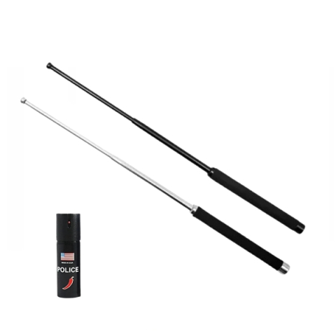 Bastoane telescopice si nunceaguri - Set doua bastoane telescopice pliabile si spray paralizant chili DEPOX®, 64 cm/ 65 cm/ 60 ml , argintiu/negru