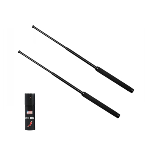 Bastoane telescopice si nunceaguri - Set bastoane telescopice pliabile si spray paralizant chili, DEPOX®, 64 cm / 60 ml, maner antiderapant, negru