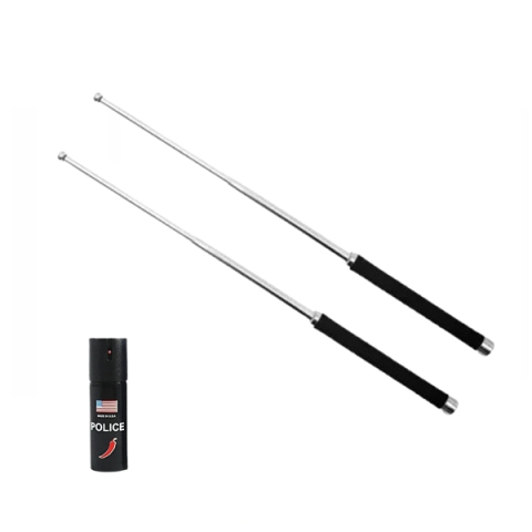 Bastoane telescopice si nunceaguri - Set doua bastoane telescopice pliabile si spray paralizant chili DEPOX®, 65 cm/ 60 ml , argintiu, husa inclusa